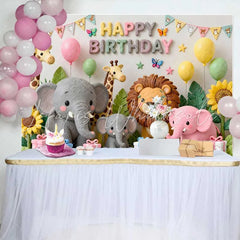 Lofaris Cute Safari Animals Happy Birthday Backdrop with Giraffe Elephant Lion Pastel Jungle Theme Party Decor