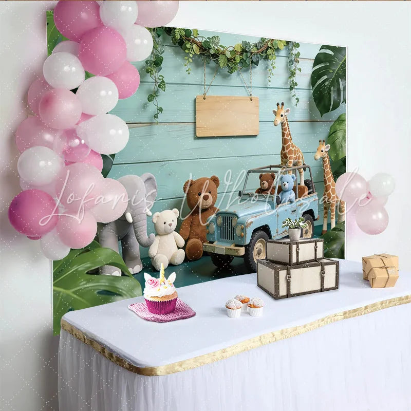 Lofaris Cute Safari Baby Shower Backdrop with Plush Animals and Blue Jeep Jungle Theme Photography Background for Newborn Party