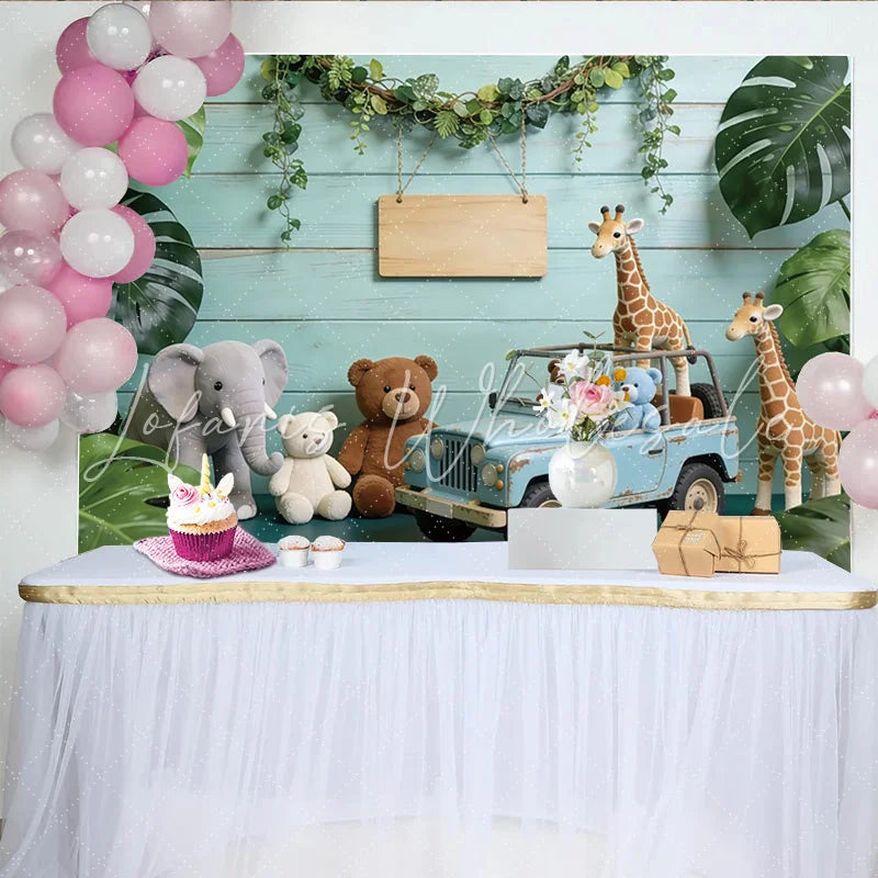 Lofaris Cute Safari Baby Shower Backdrop with Plush Animals and Blue Jeep Jungle Theme Photography Background for Newborn Party