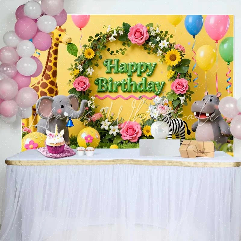 Lofaris Cute Safari Jungle Animals Birthday Backdrop with Floral Wreath Happy Birthday Party Decor for Kids