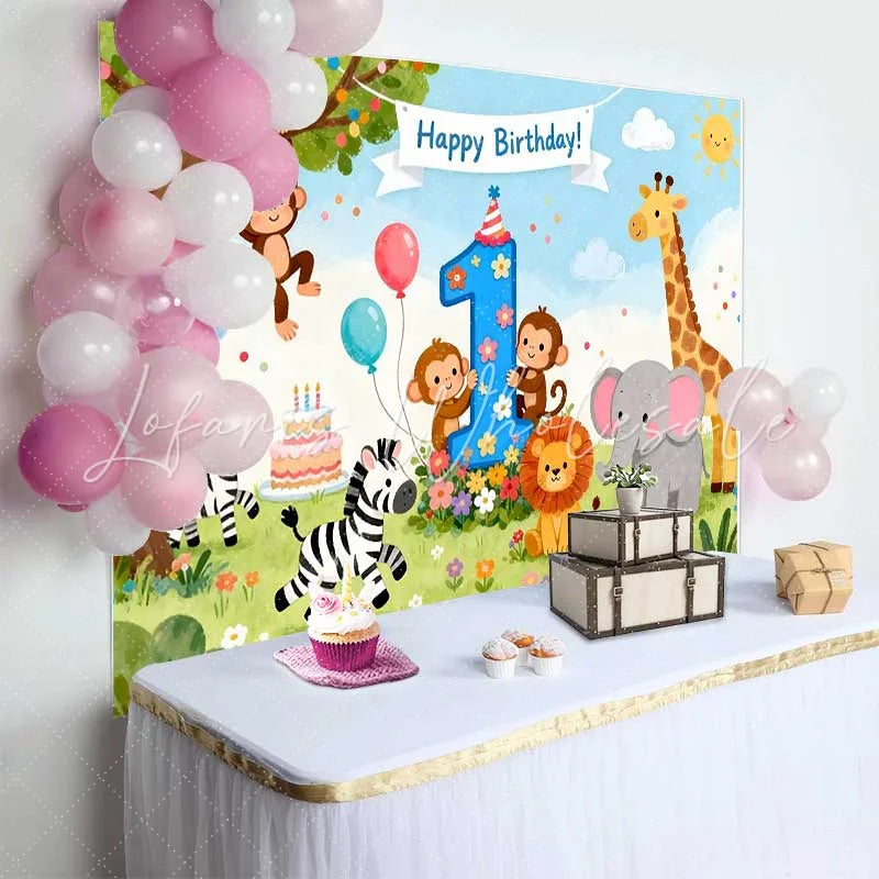 Lofaris Cute Safari Jungle Animals First Birthday Backdrop Happy Birthday Banner and Number One Party Decor