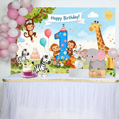 Lofaris Cute Safari Jungle Animals First Birthday Backdrop Happy Birthday Banner and Number One Party Decor