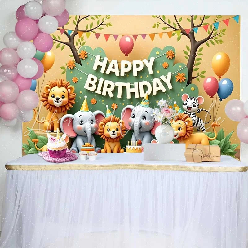 Lofaris Cute Safari Jungle Animals Happy Birthday Backdrop Colorful Wild One Party Decor for Kids