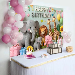 Lofaris Cute Safari Jungle Animals Happy Birthday Backdrop with Elephant Lion Giraffes Sunflowers and Gifts