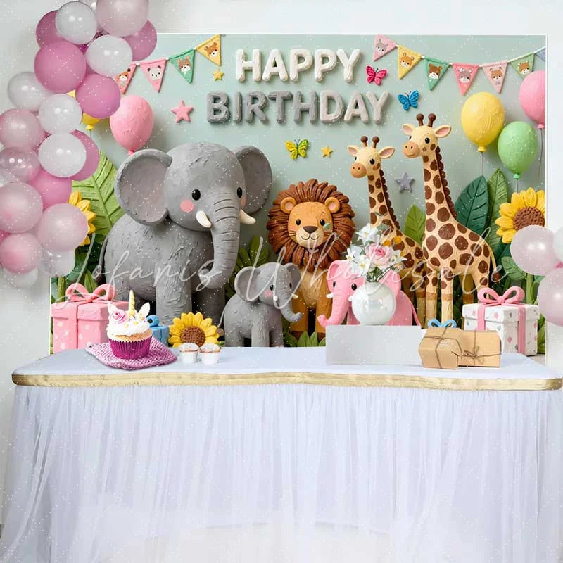 Lofaris Cute Safari Jungle Animals Happy Birthday Backdrop with Elephant Lion Giraffes Sunflowers and Gifts