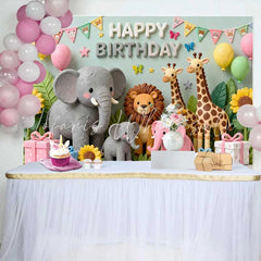 Lofaris Cute Safari Jungle Animals Happy Birthday Backdrop with Elephant Lion Giraffes Sunflowers and Gifts