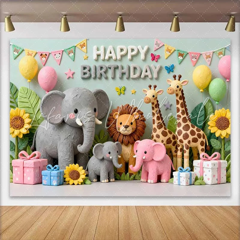 Lofaris Cute Safari Jungle Animals Happy Birthday Backdrop with Elephant Lion Giraffes Sunflowers and Gifts