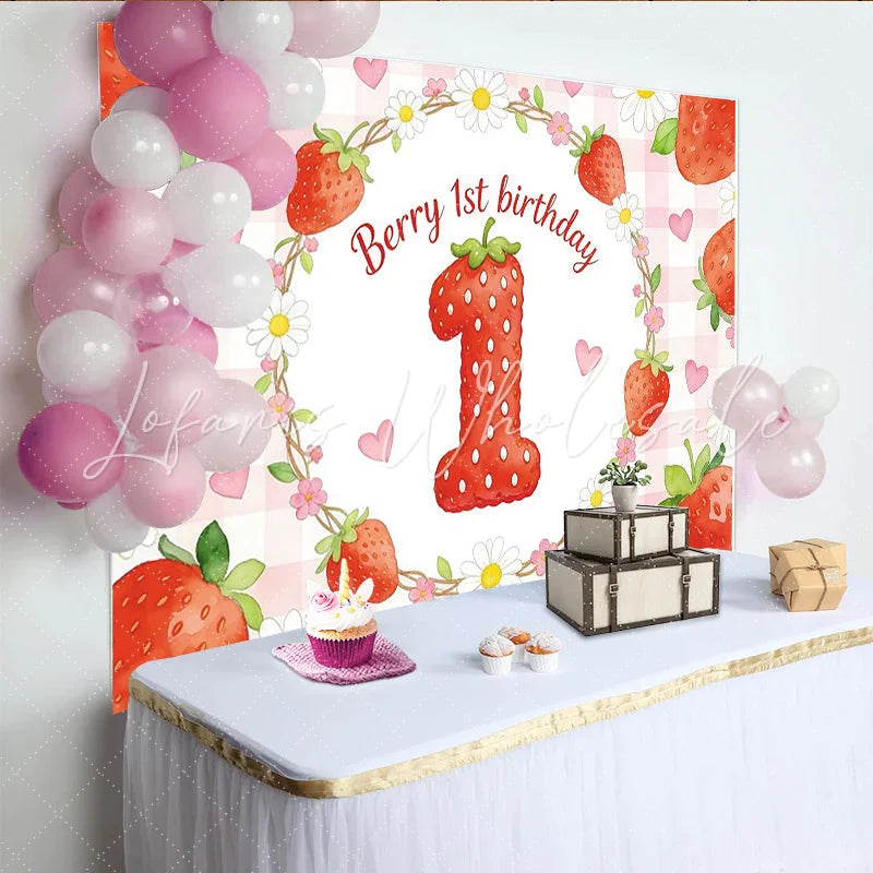 Lofaris Cute Strawberry 1st Birthday Backdrop with Daisies and Hearts Sweet Photo Background for Baby Girl Party Decoration