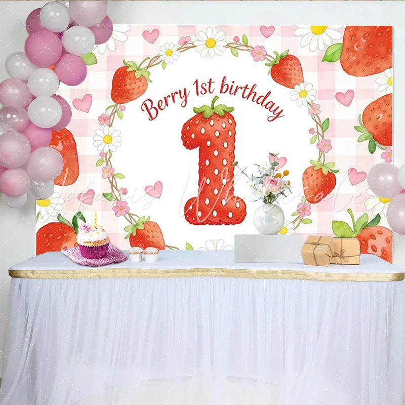Lofaris Cute Strawberry 1st Birthday Backdrop with Daisies and Hearts Sweet Photo Background for Baby Girl Party Decoration