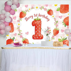 Lofaris Cute Strawberry 1st Birthday Backdrop with Daisies and Hearts Sweet Photo Background for Baby Girl Party Decoration