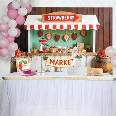 Lofaris Cute Strawberry Market Photography Backdrop with Wooden Stall and Fresh Fruit Rustic Farm Stand Background for Kids Photoshoot