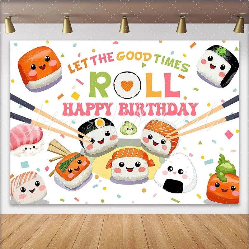 Lofaris Cute Sushi Happy Birthday Backdrop with Chopsticks and Confetti Let the Good Times Roll Party Background for Celebration