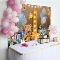 Lofaris Cute Teddy Bear and Gold Number One First Birthday Party Backdrop Blue and White Balloons Photo Booth Decor