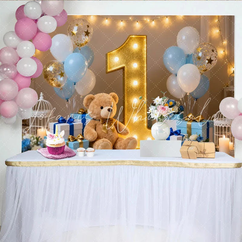 Lofaris Cute Teddy Bear and Gold Number One First Birthday Party Backdrop Blue and White Balloons Photo Booth Decor