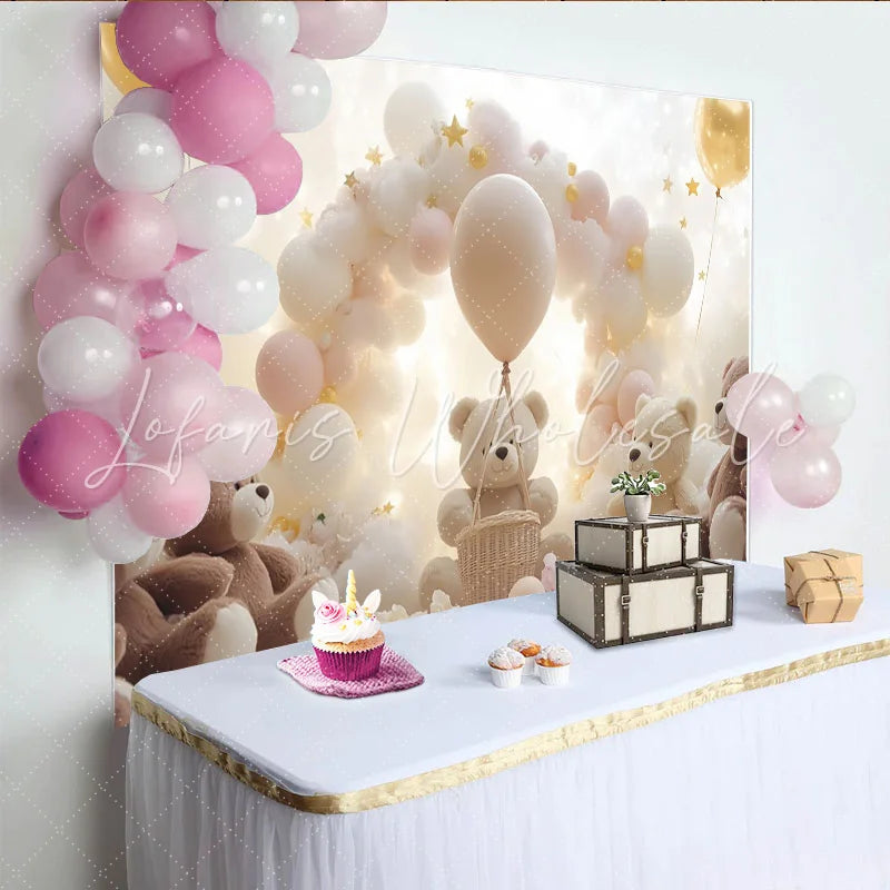 Lofaris Cute Teddy Bear Baby Shower Backdrop with Cloud Balloons and Golden Stars Dreamy Photography Background for Newborn Party
