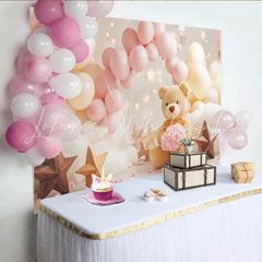 Lofaris Cute Teddy Bear Baby Shower Backdrop with Pink and Cream Balloons Dreamy Cloud Star Photography Background for Newborn Party