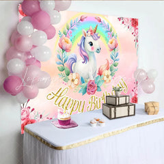 Lofaris Cute Unicorn Rainbow Birthday Backdrop Pink Floral Wreath and Gold Glitter Text Party Decoration