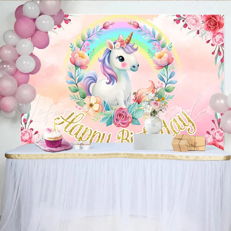 Lofaris Cute Unicorn Rainbow Birthday Backdrop Pink Floral Wreath and Gold Glitter Text Party Decoration