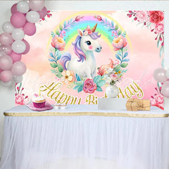 Lofaris Cute Unicorn Rainbow Birthday Backdrop Pink Floral Wreath and Gold Glitter Text Party Decoration