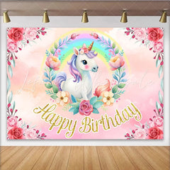 Lofaris Cute Unicorn Rainbow Birthday Backdrop Pink Floral Wreath and Gold Glitter Text Party Decoration