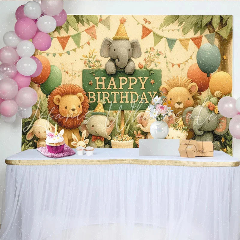 Lofaris Cute Watercolor Jungle Animals Birthday Backdrop Happy Birthday Sign with Elephants Lions and Cake
