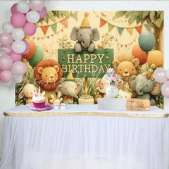 Lofaris Cute Watercolor Jungle Animals Birthday Backdrop Happy Birthday Sign with Elephants Lions and Cake