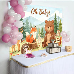 Lofaris Cute Watercolor Woodland Animals Oh Baby Shower Backdrop Forest Mountain Scenery Photography Background for Party