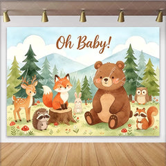 Lofaris Cute Watercolor Woodland Animals Oh Baby Shower Backdrop Forest Mountain Scenery Photography Background for Party