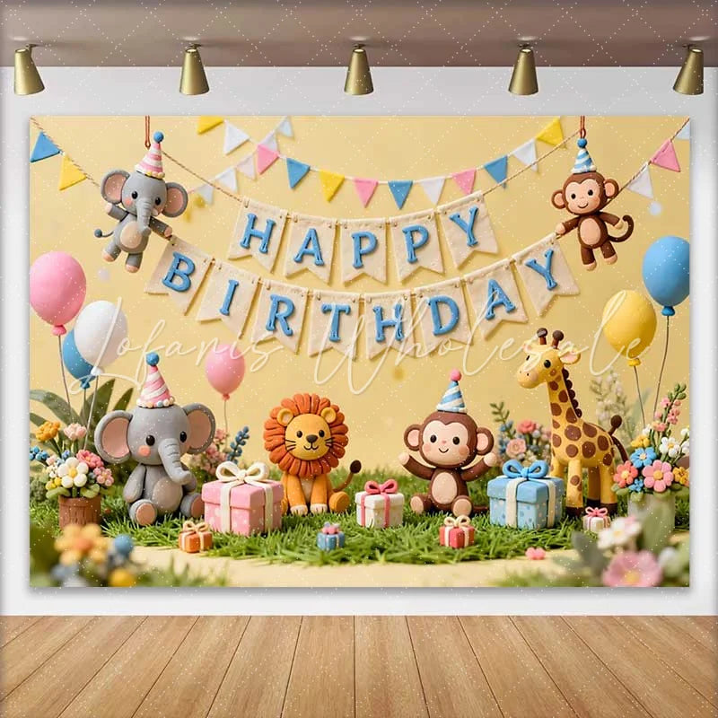 Lofaris Cute Whimsical Jungle Animals Happy Birthday Backdrop featuring Elephant Lion Monkey and Giraffe for Kids Party
