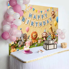 Lofaris Cute Whimsical Jungle Animals Happy Birthday Backdrop featuring Elephant Lion Monkey and Giraffe for Kids Party