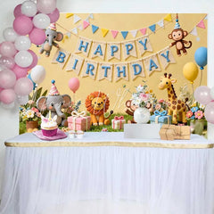Lofaris Cute Whimsical Jungle Animals Happy Birthday Backdrop featuring Elephant Lion Monkey and Giraffe for Kids Party