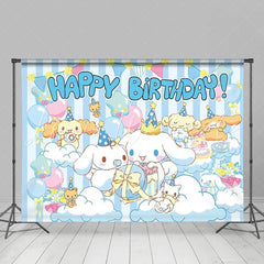 Lofaris Cute White Puppy Birthday Backdrop Blue Striped Clouds Happy Birthday Background for Boy Anime Dog Party Decoration