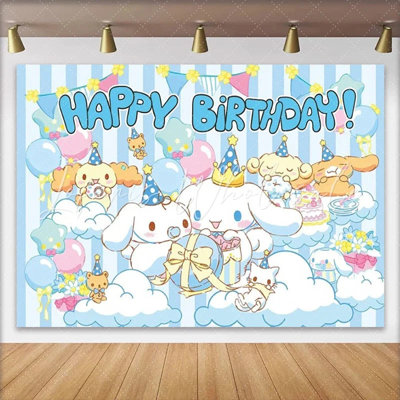Lofaris Cute White Puppy Birthday Backdrop Blue Striped Clouds Happy Birthday Background for Boy Anime Dog Party Decoration