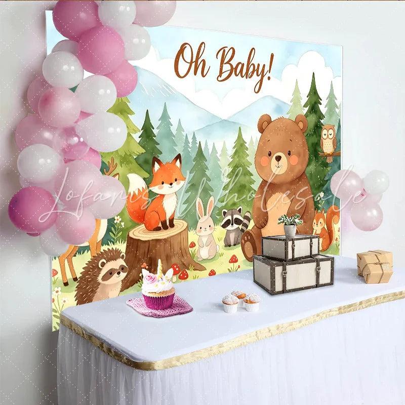 Lofaris Cute Woodland Animals Oh Baby Baby Shower Backdrop Forest Mountain Watercolor Theme Photography Background