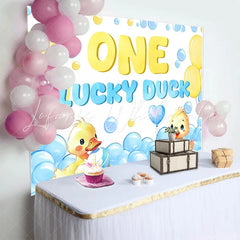 Lofaris Cute Yellow Duck 1st Birthday Backdrop with Blue Balloons Adorable Lucky Duck Theme Background for Baby Boy Photoshoot