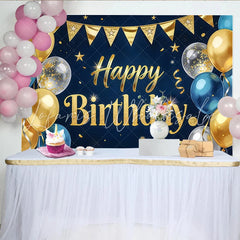 Lofaris Dark Blue and Gold Glitter Happy Birthday Backdrop Elegant Party Background with Balloons for Photography