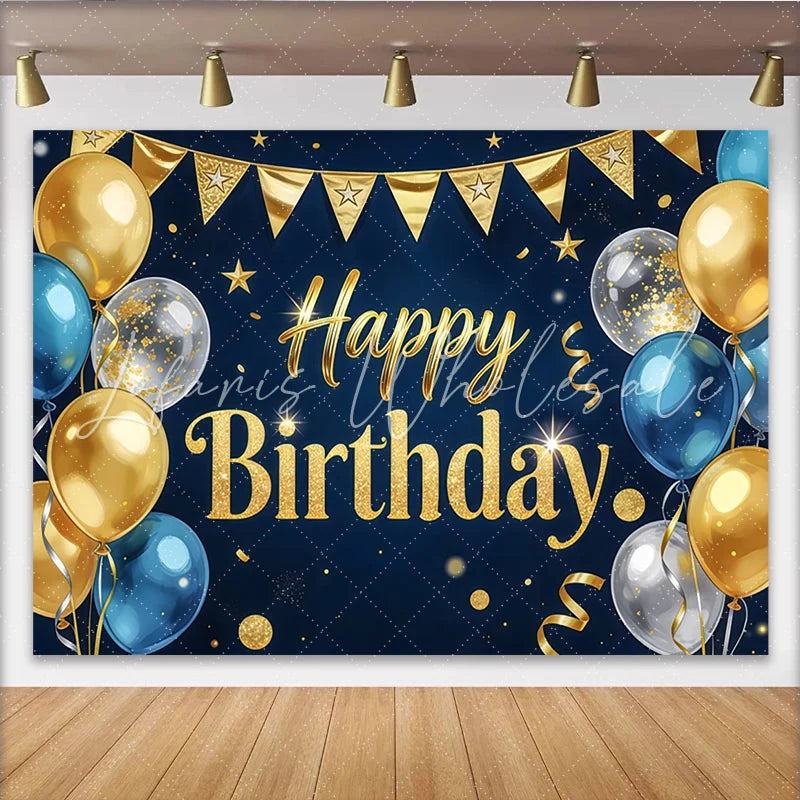 Lofaris Dark Blue and Gold Glitter Happy Birthday Backdrop Elegant Party Background with Balloons for Photography