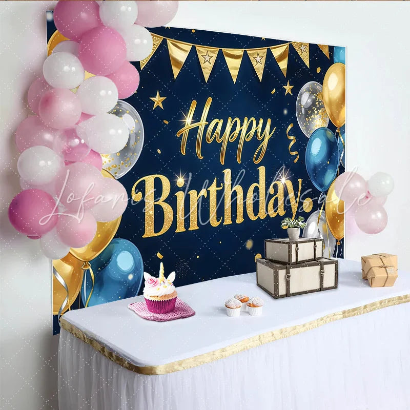 Lofaris Dark Blue and Gold Glitter Happy Birthday Backdrop Elegant Party Background with Balloons for Photography