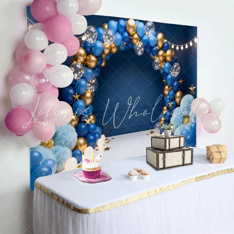 Lofaris Dark Blue Gold Balloon Garland Birthday Cake Smash Backdrop Golden Stars String Lights Boy Party Photography Background