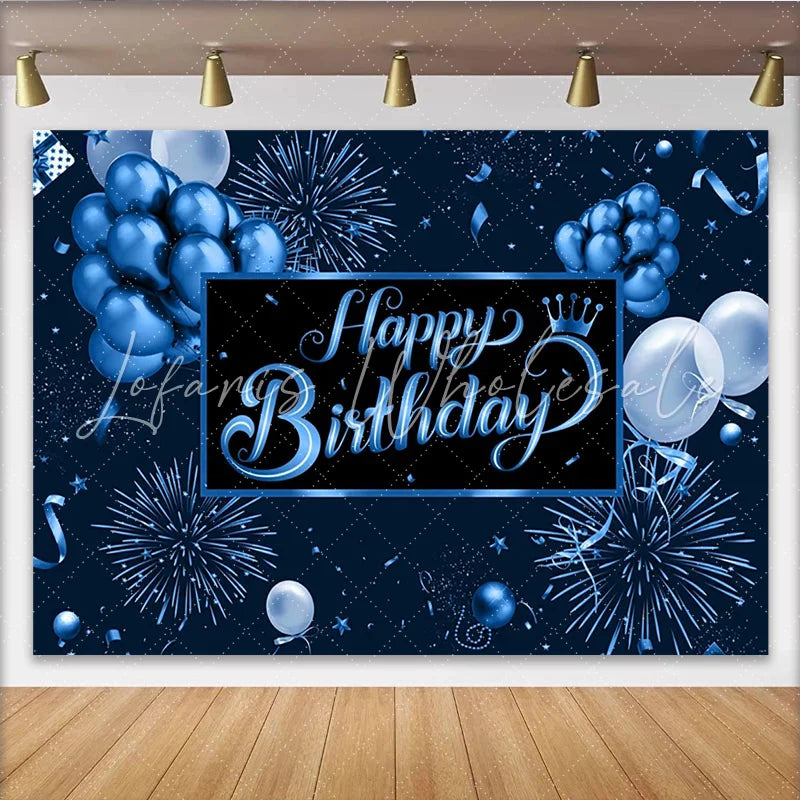 Lofaris Dark Blue Happy Birthday Backdrop with Balloons Fireworks and Crown Elegant Party Background for Photography and Celebration Decor