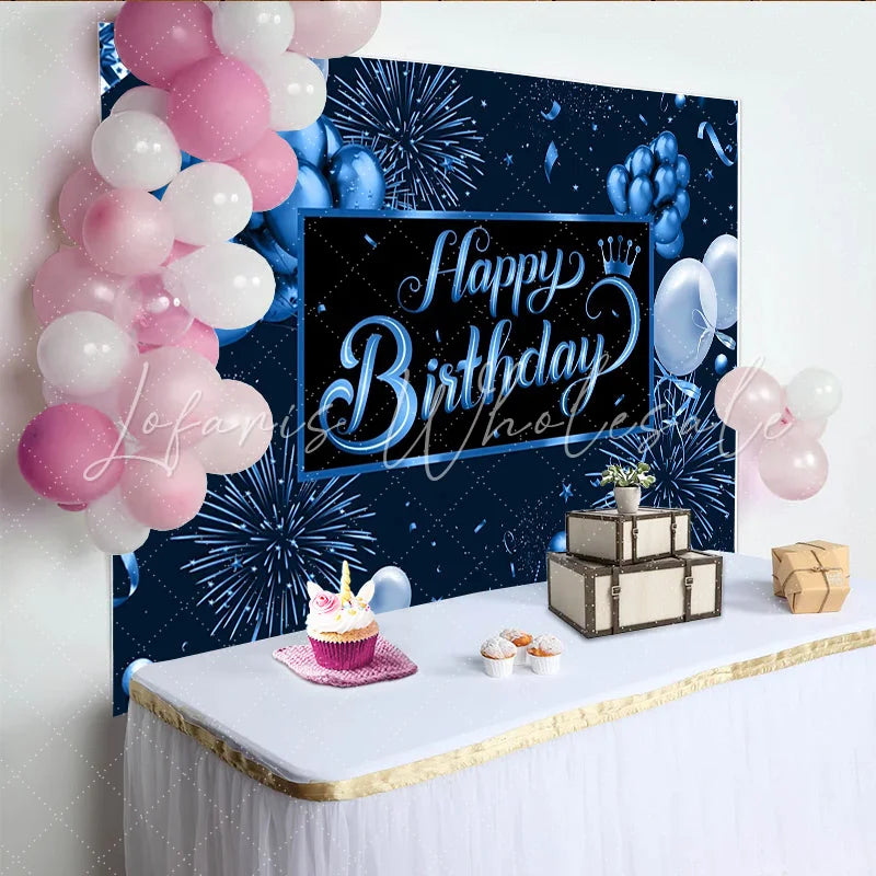 Lofaris Dark Blue Happy Birthday Backdrop with Balloons Fireworks and Crown Elegant Party Background for Photography and Celebration Decor