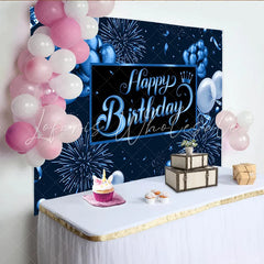Lofaris Dark Blue Happy Birthday Backdrop with Balloons Fireworks and Crown Elegant Party Background for Photography and Celebration Decor
