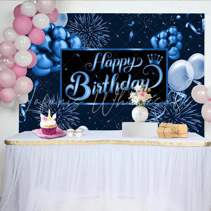 Lofaris Dark Blue Happy Birthday Backdrop with Balloons Fireworks and Crown Elegant Party Background for Photography and Celebration Decor
