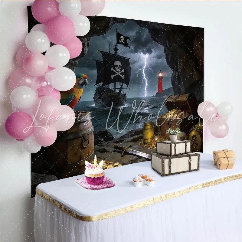 Lofaris Dark Cave Pirate Photography Backdrop with Treasure and Stormy Sea Adventure Theme Background for Party Decor