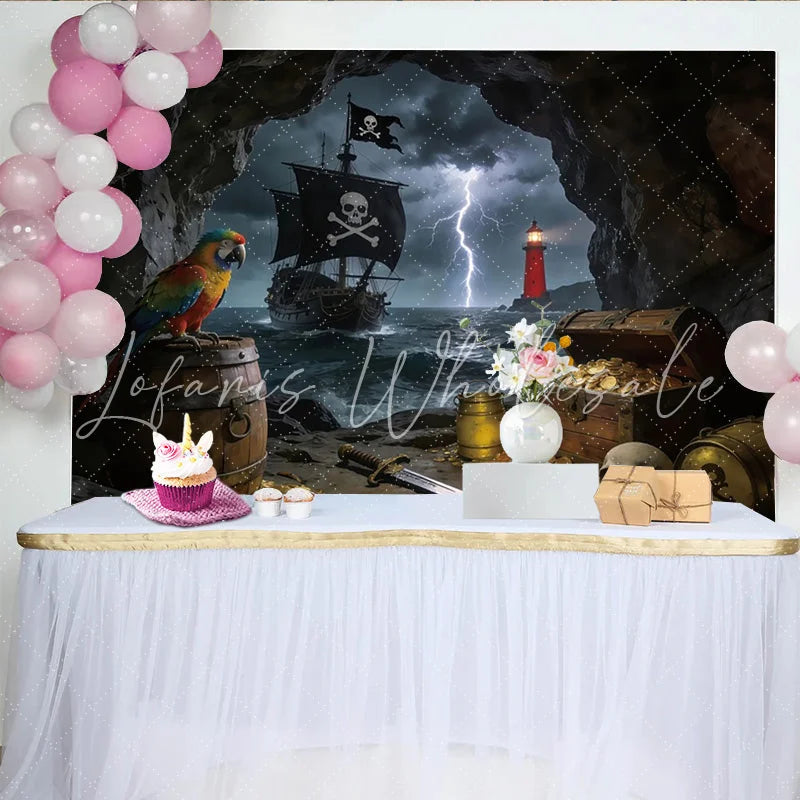 Lofaris Dark Cave Pirate Photography Backdrop with Treasure and Stormy Sea Adventure Theme Background for Party Decor