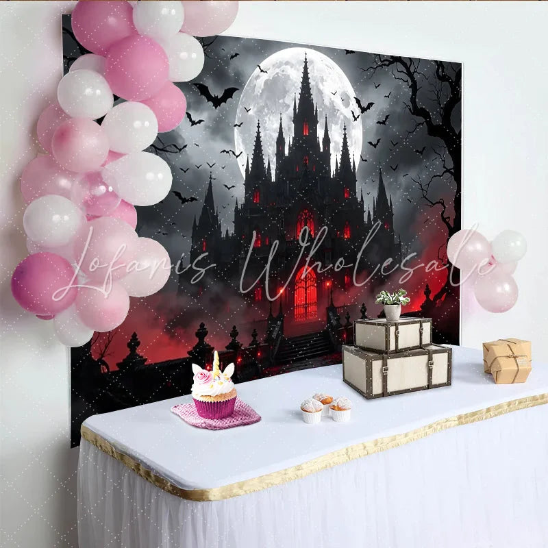 Lofaris Dark Gothic Castle Halloween Backdrop with Full Moon and Flying Bats Spooky Red Glow Background for Party Decor