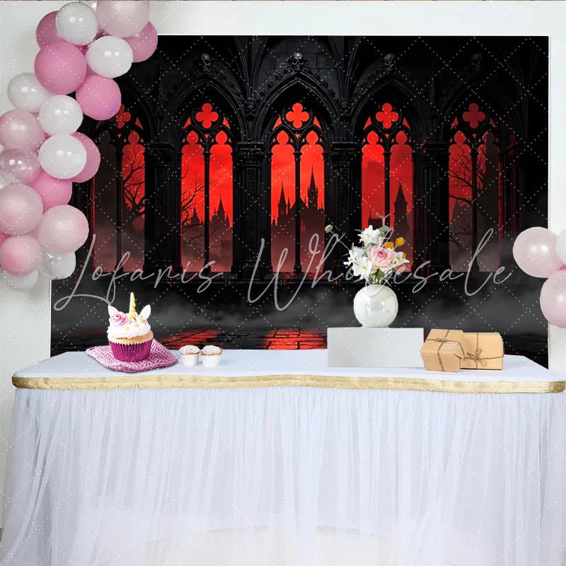 Lofaris Dark Gothic Castle Photography Backdrop with Red Sky and Arched Windows Dramatic Studio Background for Halloween Party