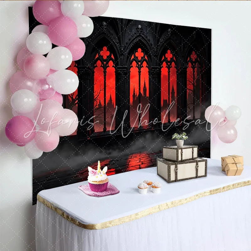 Lofaris Dark Gothic Castle Photography Backdrop with Red Sky and Arched Windows Dramatic Studio Background for Halloween Party