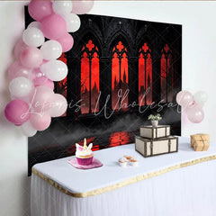 Lofaris Dark Gothic Castle Photography Backdrop with Red Sky and Arched Windows Dramatic Studio Background for Halloween Party