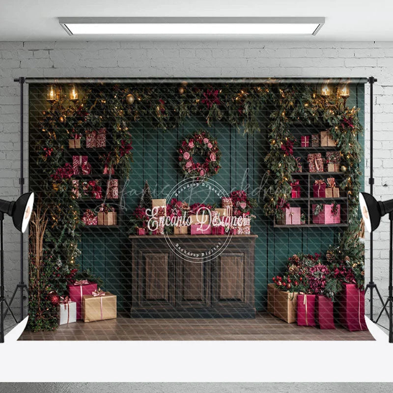 Lofaris Dark Green Wooden Wall Red Gift Box Xmas Backdrop